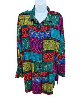 C.M. Shapes Womens Button-Up Shirt Multicolor Abstract Print Long Sleeve Vintage